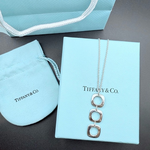 Tiffany & Co. Square Cushion Triple Drop Pendant Necklace Sterling Silver Rare